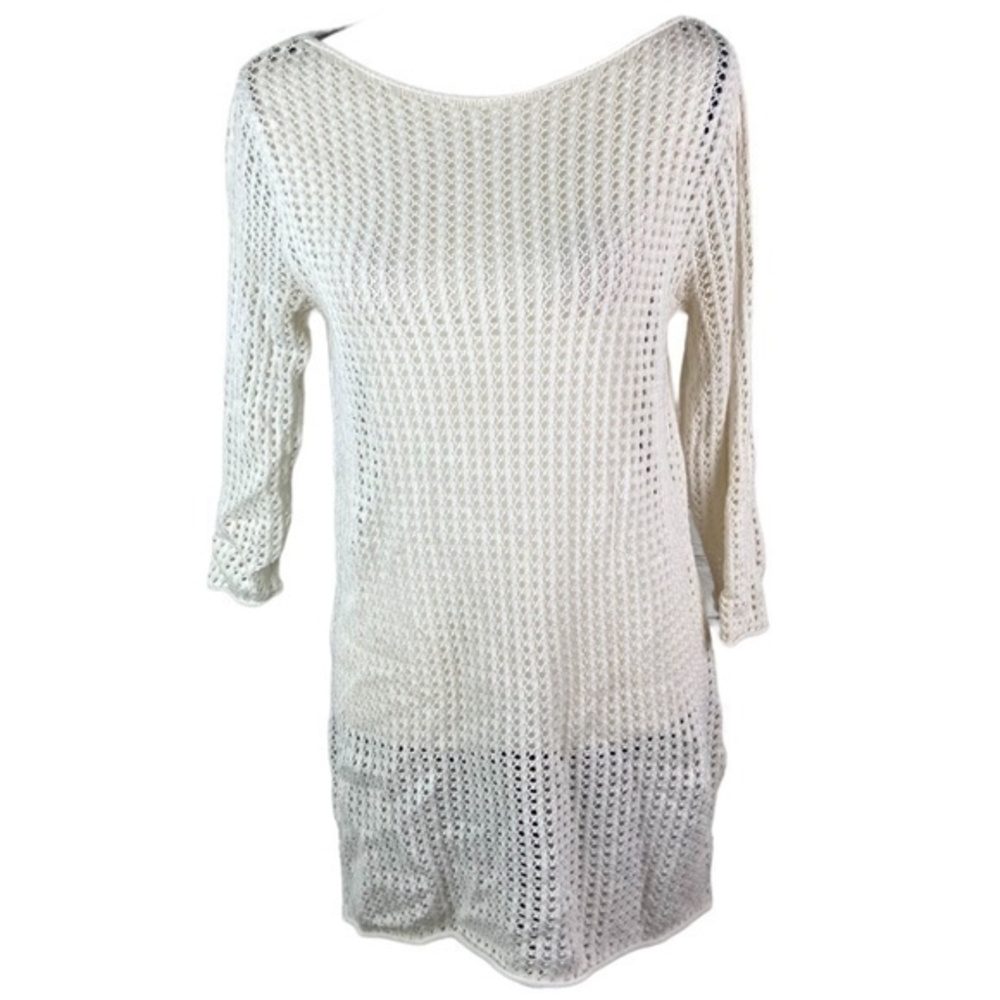 Jeanne Pierre Tunic Sweater Top Cream Open Knit Three Quarter Sleeve Coverup